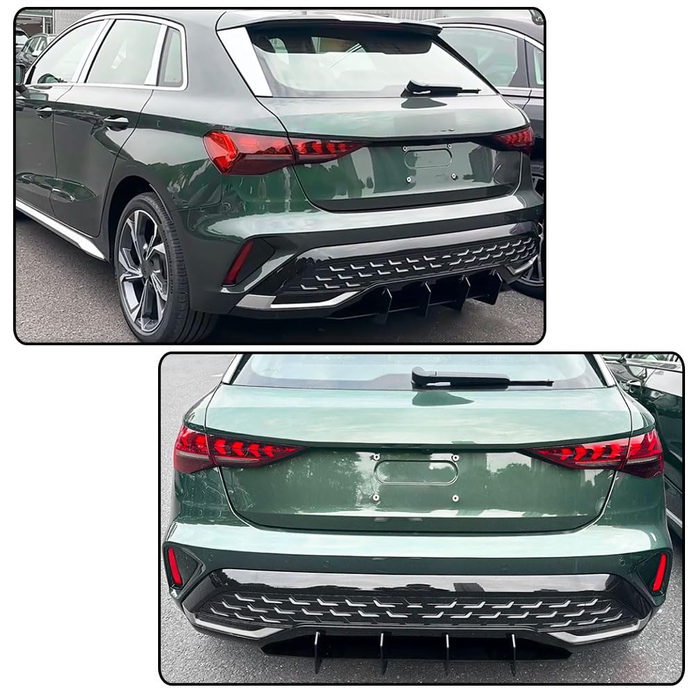 Gloss Black Rear Bumper Diffuser Lip Shark Fin for Audi A3 8Y Sline 2024+ | ABS Lower Bumper Lip Spoiler Body Kit Factory Out