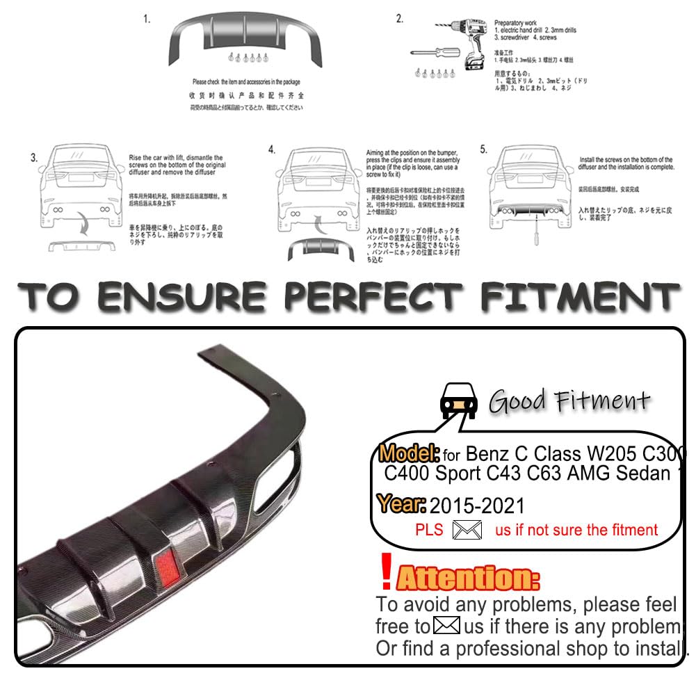 W205 Carbon Fiber Rear Diffuser Compatible with Mercedes Benz C Class W205 C300 C350 C400 C43 C63 AMG Sedan 2015-2021Under Bu
