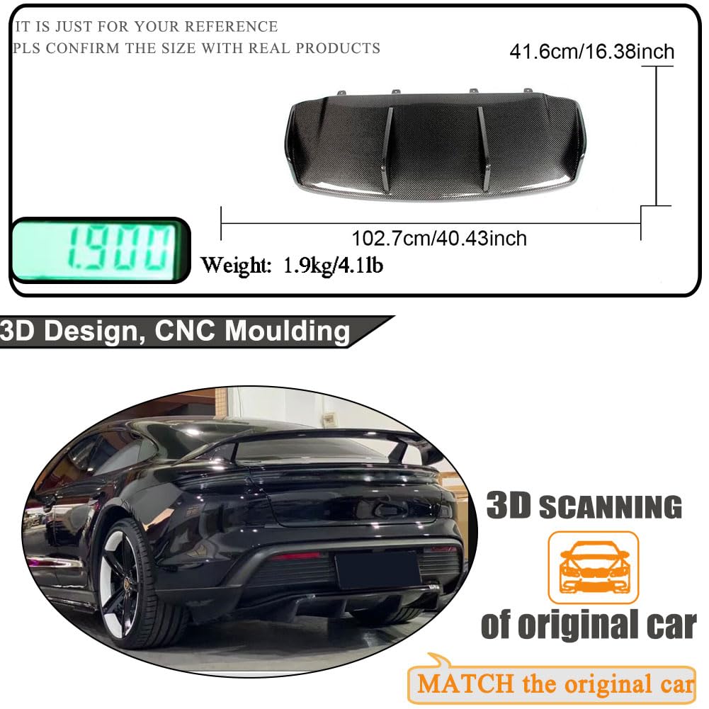 Dry Carbon Fiber Rear Diffuser Compatible with Porsche Taycan 4S Base Sedan 4-Door 2019-2024 Auto Rear Lower Bumper Lip Spoil