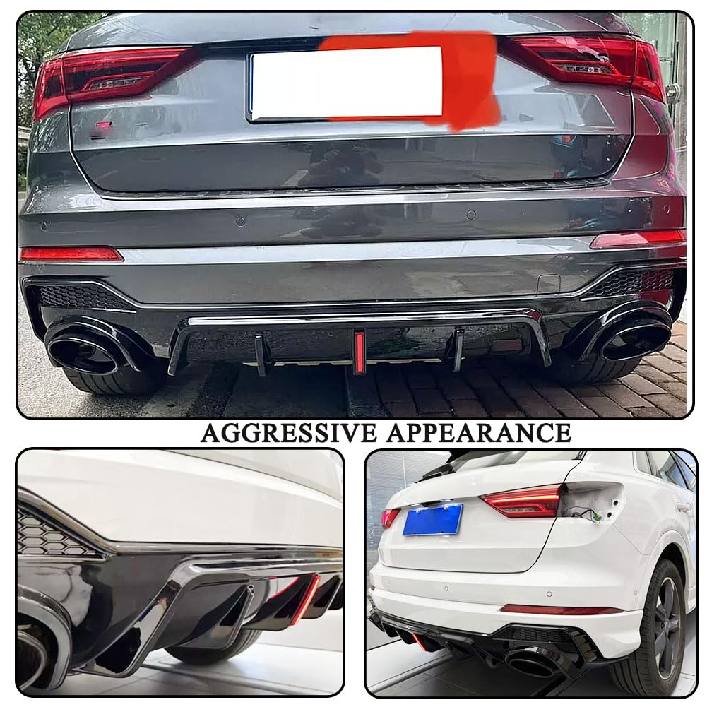 Gloss Black Rear Bumper Diffuser Fits for Audi Q3 Sline 4-Door 2021 2022 PP Under Chin Lip Spoiler Splitter with Exhaust Tips
