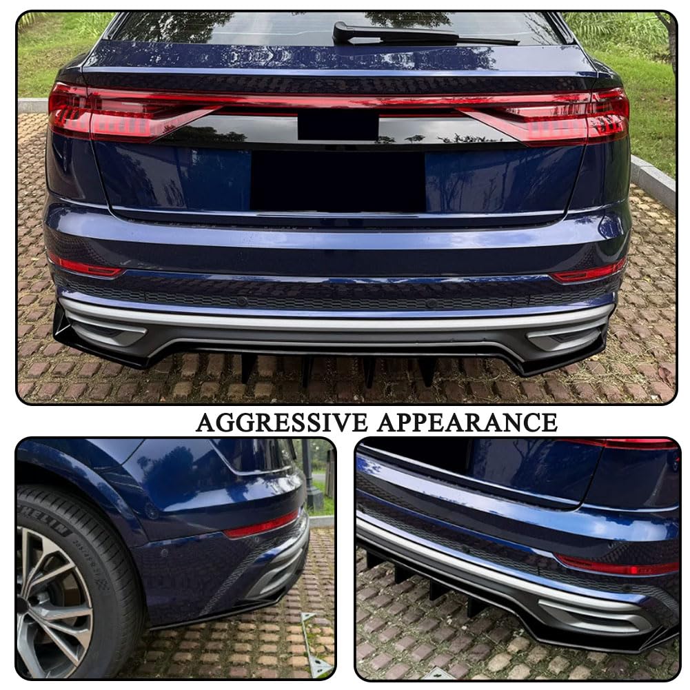 3PCS Gloss Black Rear Bumper Diffuser Lip for Audi Q8 4M Sline 2019-2023 | ABS Lower Spoiler Bumper Guard Body Kit Lightweigh
