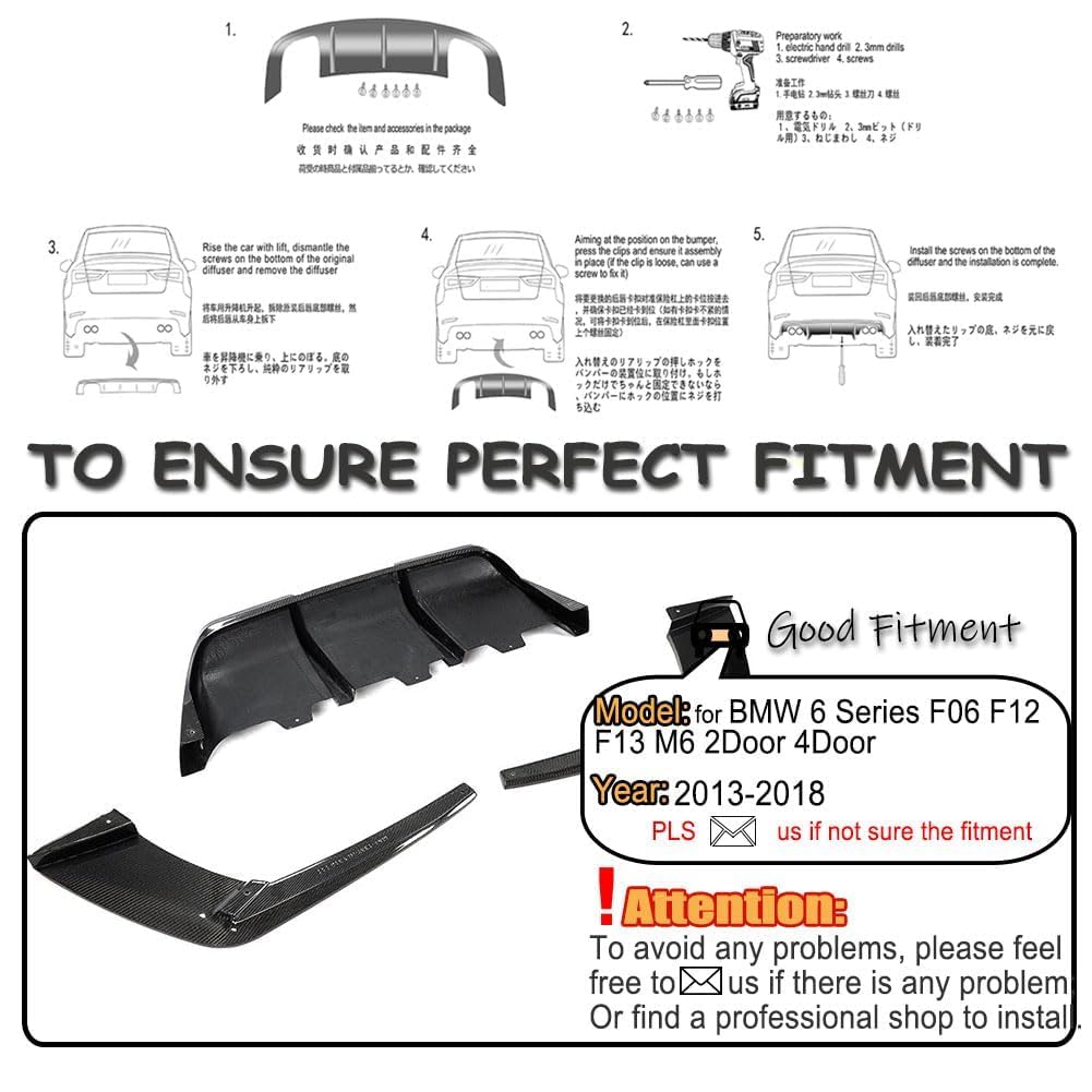 Carbon Fiber Rear Diffuser Compatible with BMW 6 Series F06 F12 F13 M6 2Door 4Door 2013-2018 Lower Bumper Lip Spoiler Body Ki