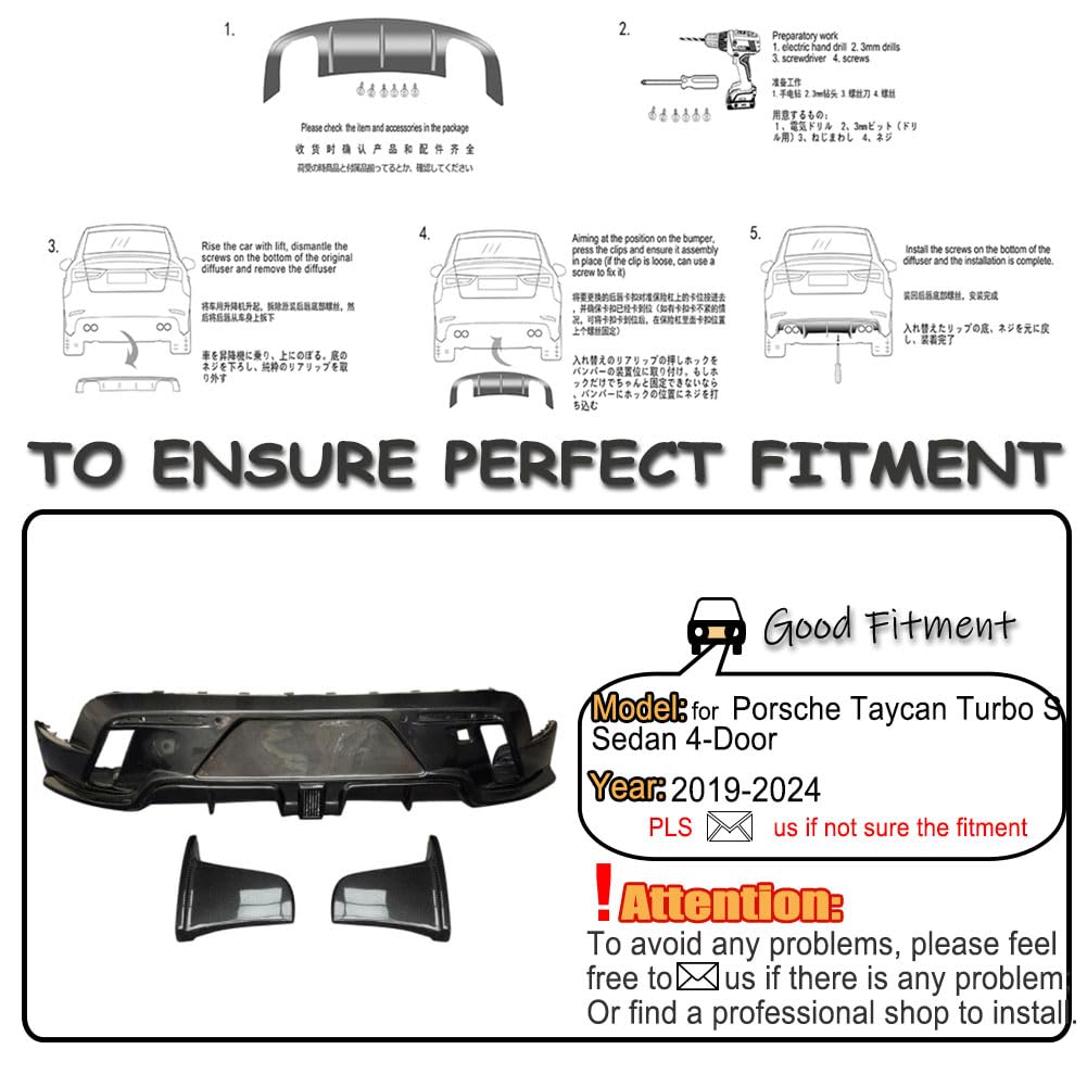 Carbon Fiber Rear Diffuser Compatible with Porsche Taycan Turbo S Sedan 4-Door 2019-2024 Auto Rear Lower Bumper Lip Spoiler B