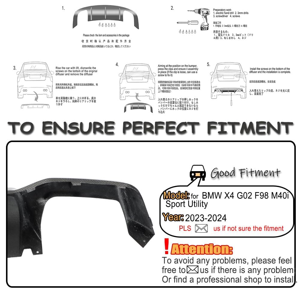 Real Carbon Fiber Rear Bumper Diffuser for BMW X4M F98 M40i Sport Utility 4-Door 2023-2024 Lower Bumper Lip Diffuser Body Kit