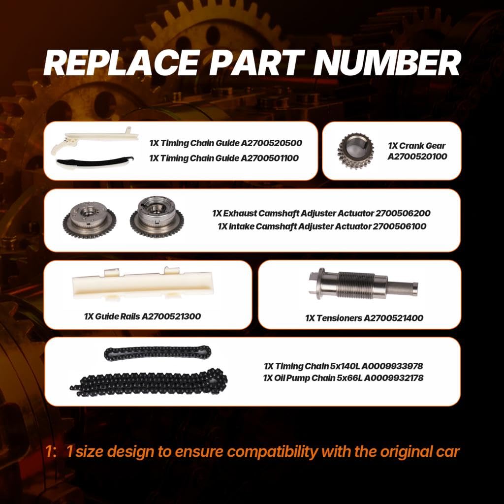Timing Chain Kit with Tensioner Crank Gear Guide Rail Compatible with Mercedes Benz CLA250 E250 GLK200 E200 C300 Engine Time 