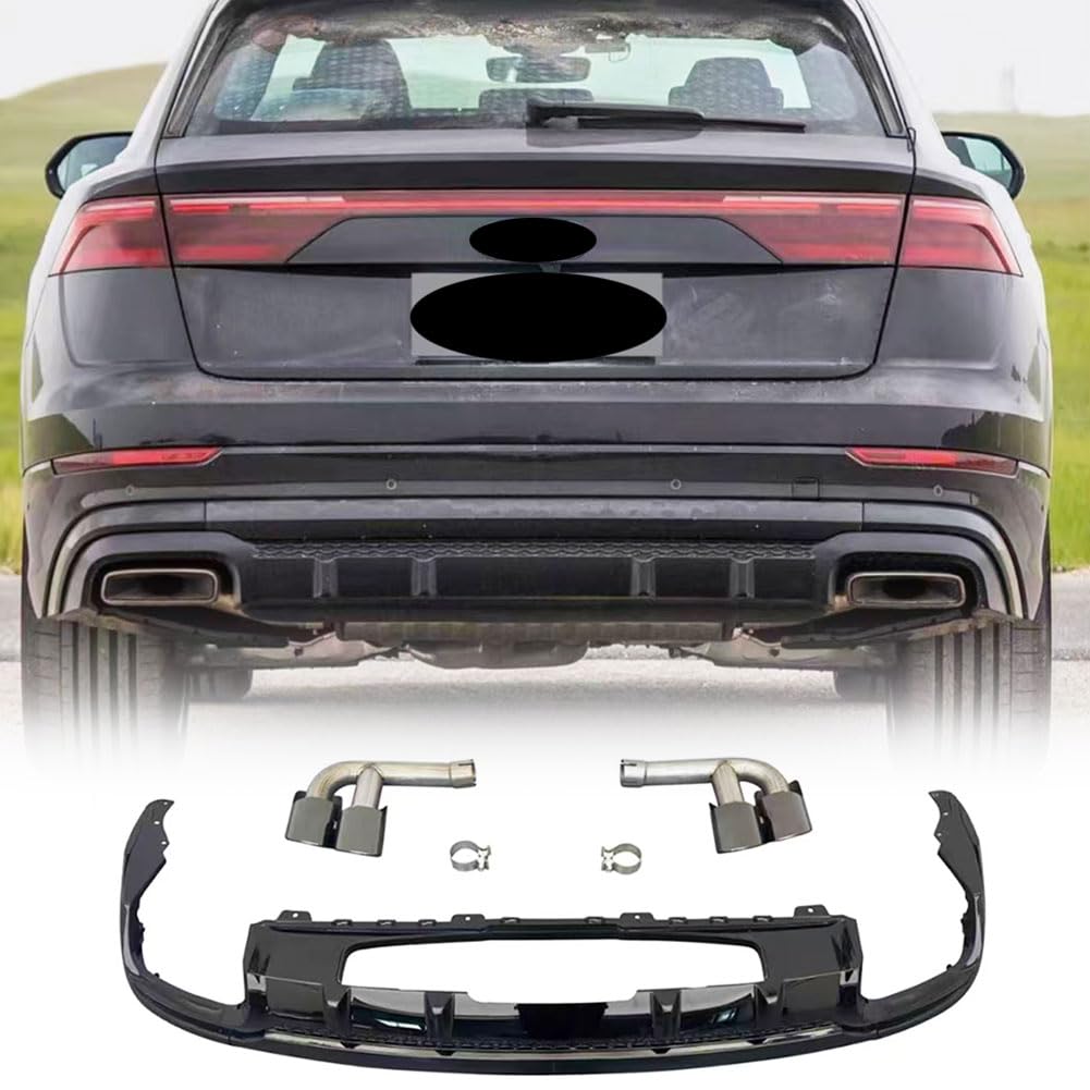 Q8 Gloss Black Rear Diffuser for Audi Q8 Sport Utility 4-Door 2024-2026 | Lower Bumper Lip Spoiler Valance Protector with Exh