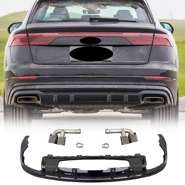 Q8 Gloss Black Rear Diffuser for Audi Q8 Sport Utility 4-Door 2024-2026 | Lower Bumper Lip Spoiler Valance Protector with Exh