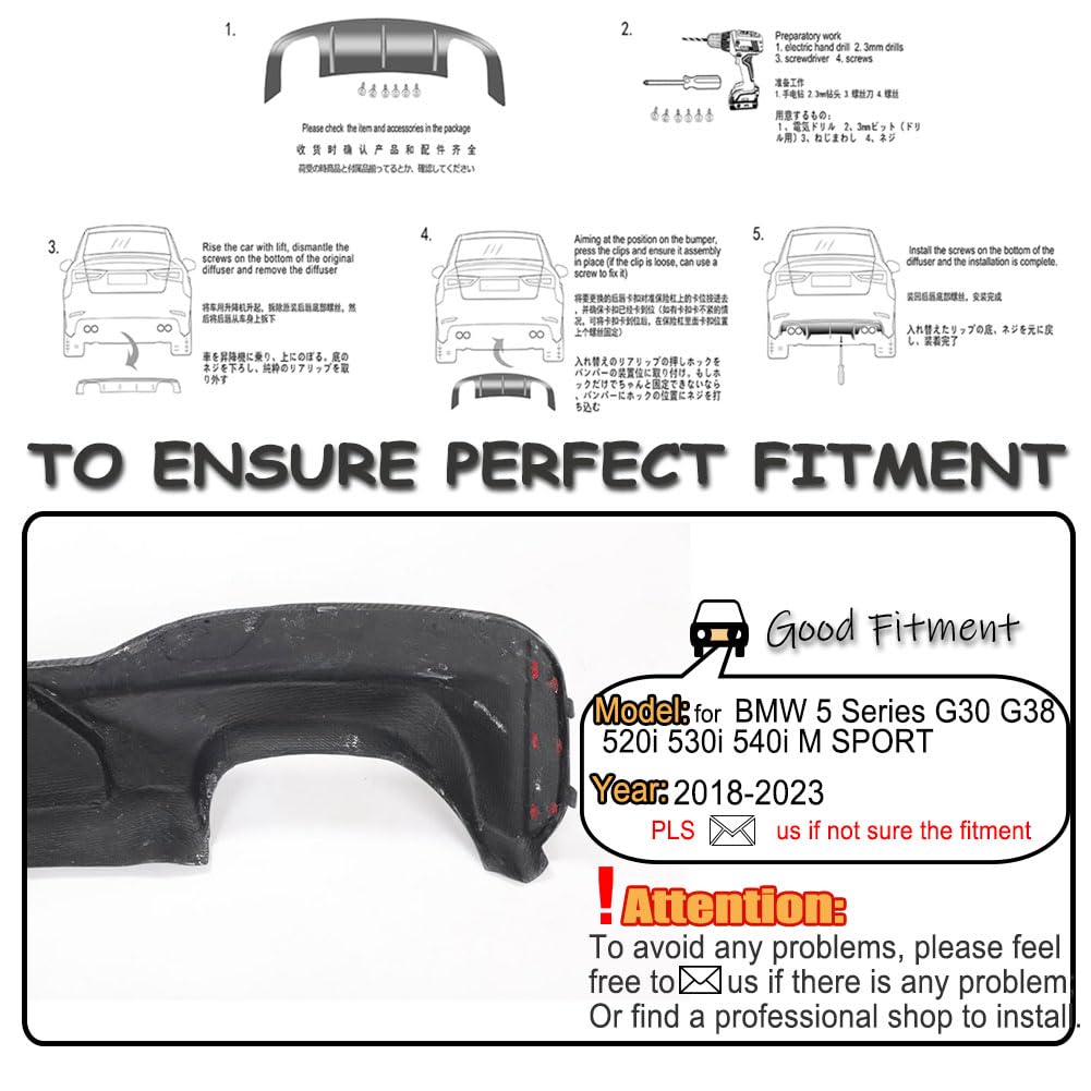 Carbon Fiber Rear Diffuser for BMW 5 Series G30 G38 M Sport 2018-2023 520i 530i 540i M Packet Auto Upper Bumper Lip Spoiler B