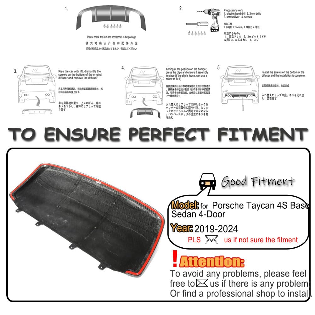 Dry Carbon Fiber Rear Diffuser Compatible with Porsche Taycan 4S Base Sedan 4-Door 2019-2024 Auto Rear Lower Bumper Lip Spoil