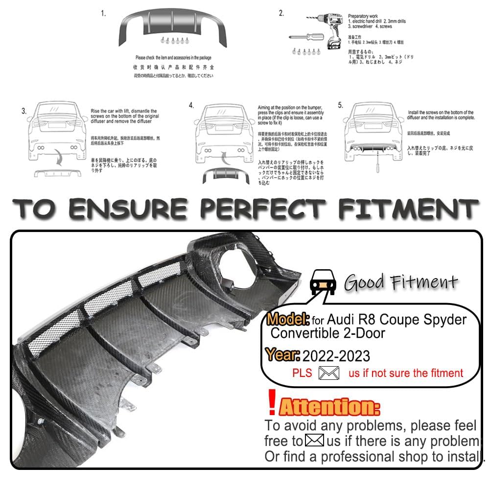 Dry Carbon Fiber Rear Bumper Diffuser for Audi R8 V10 2-Door 2022-2024 | Coupe Convertible Lower Spoiler Bumper Guard Body Ki