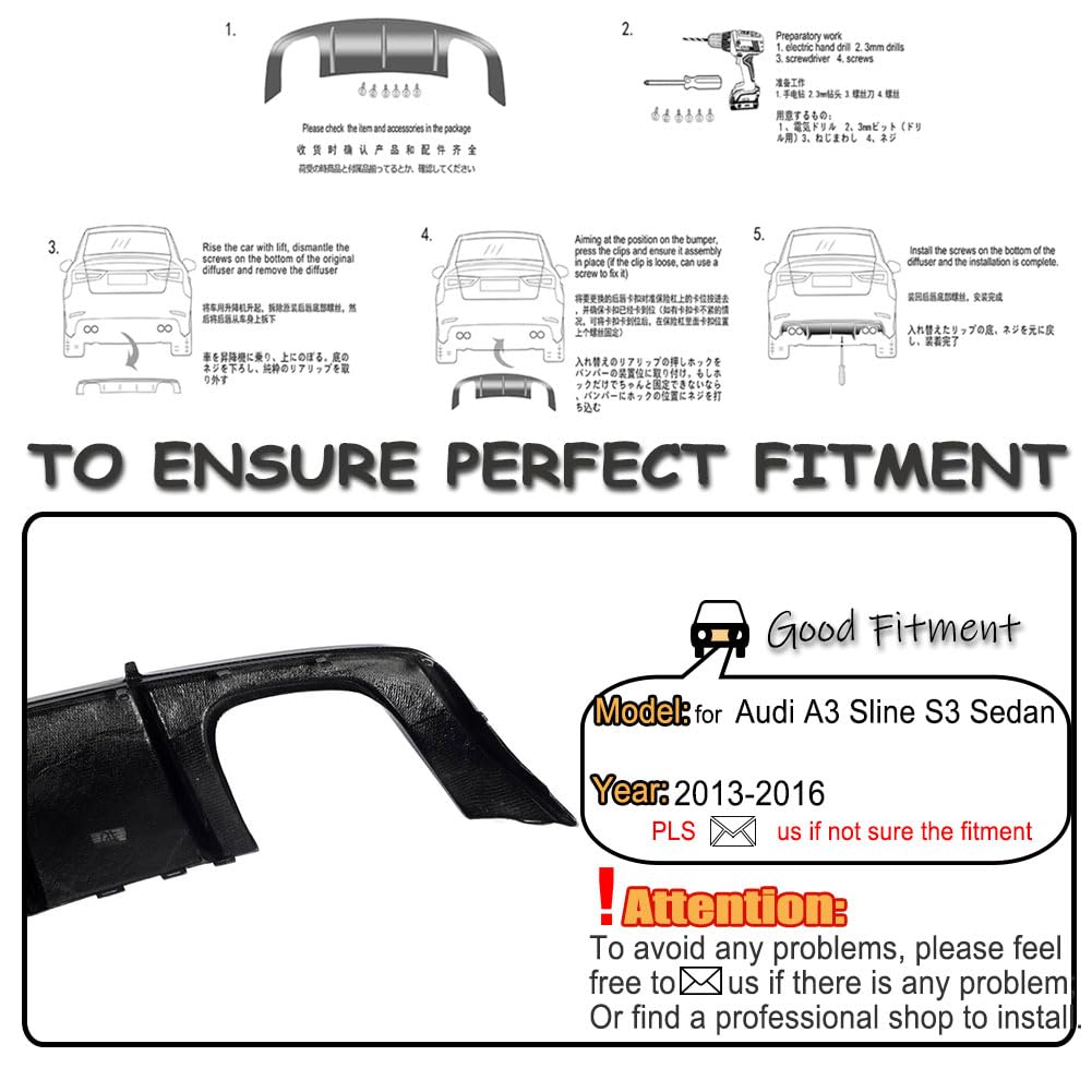 S3 Carbon Fiber Rear Diffuser Compatible with Audi A3 Sline S3 Sedan 2013-2016 Lower Bumper Lip Spoiler Body Kit Factory Outl