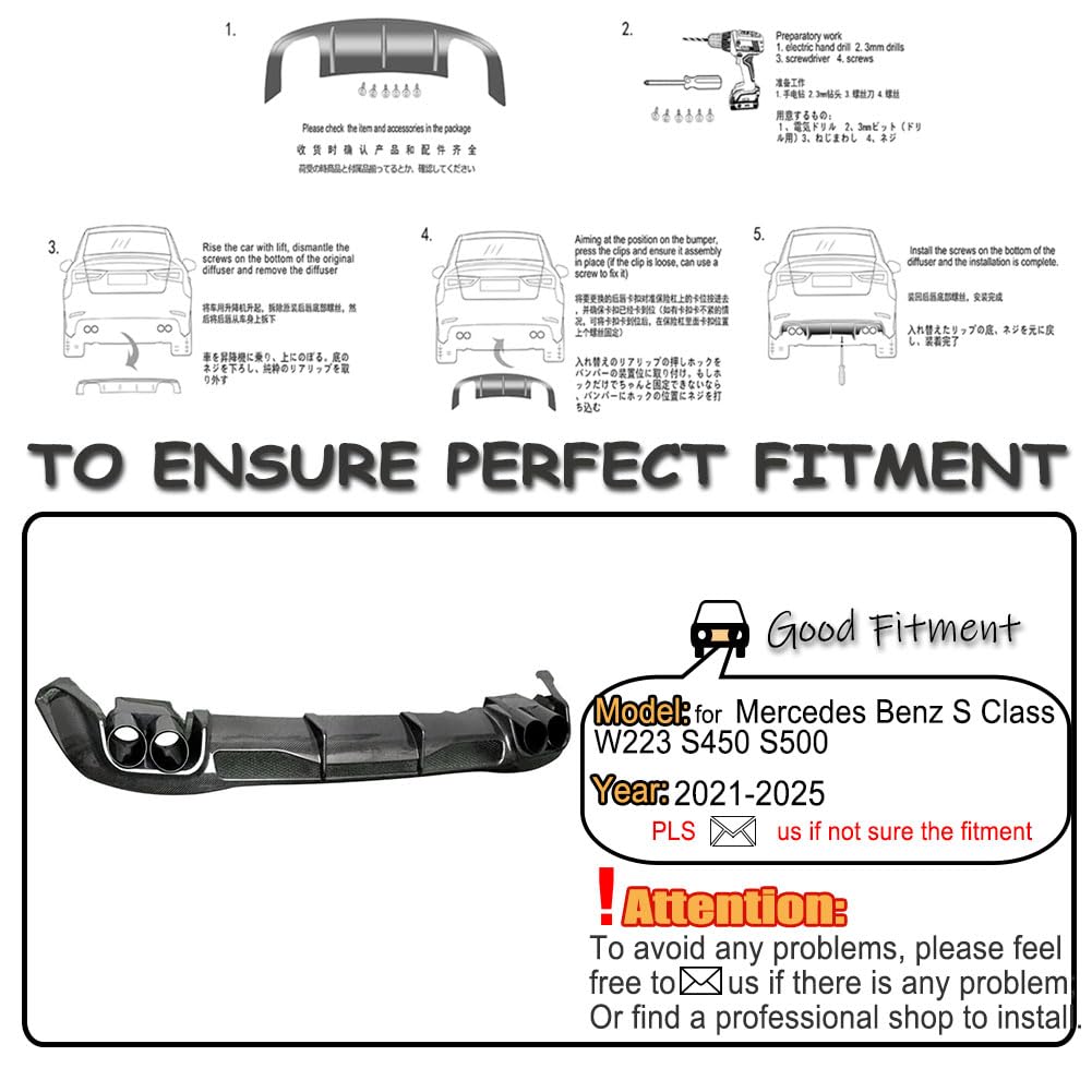 Carbon Fiber Rear Bumper Diffuser for Mercedes-Benz S Class W223 S450L S500 S580 Sedan 4-Door 2021-2025 Lower Bumper Lip Diff