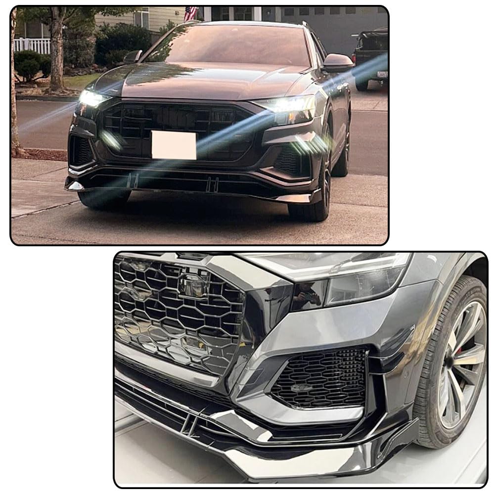Gloss Black Front Bumper Lip Compatible with Audi Q8 Base Sport Utility 4-Door 2019-2024 ABS Chin Spoiler Splitter Protector 