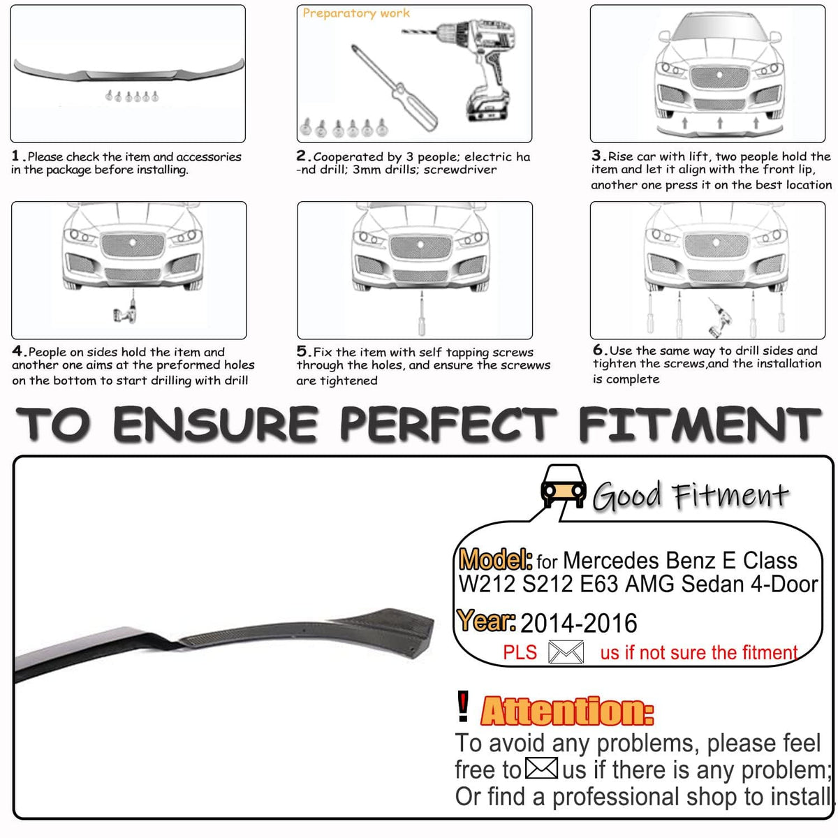 Carbon Fiber Front Bumper Lip Compatible witth Mercedes Benz E Class W212 S212 E63 E63S AMG Sedan 4-Door 2013-2016 Front Chin