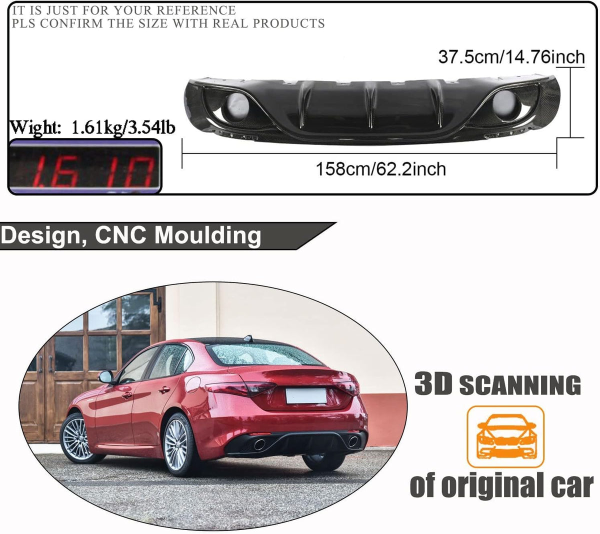 Carbon Fiber Rear Diffuser Compatible with Alfa Romeo Giulia Sport Sedan 2015-2020 Lower Bumper Lip Spoiler Body Kit Factory 