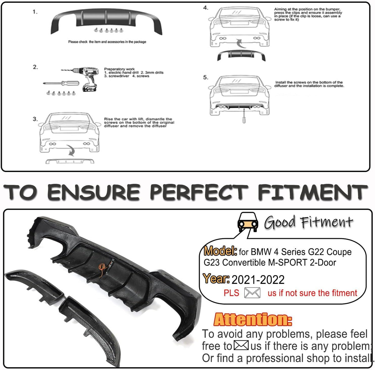 G22 Carbon Fiber Rear Diffuser Compatible with BMW 4 Series G22 G23 430i M440i 2021-2026 Lower Bumper Lip Spoiler Body Kit(wi