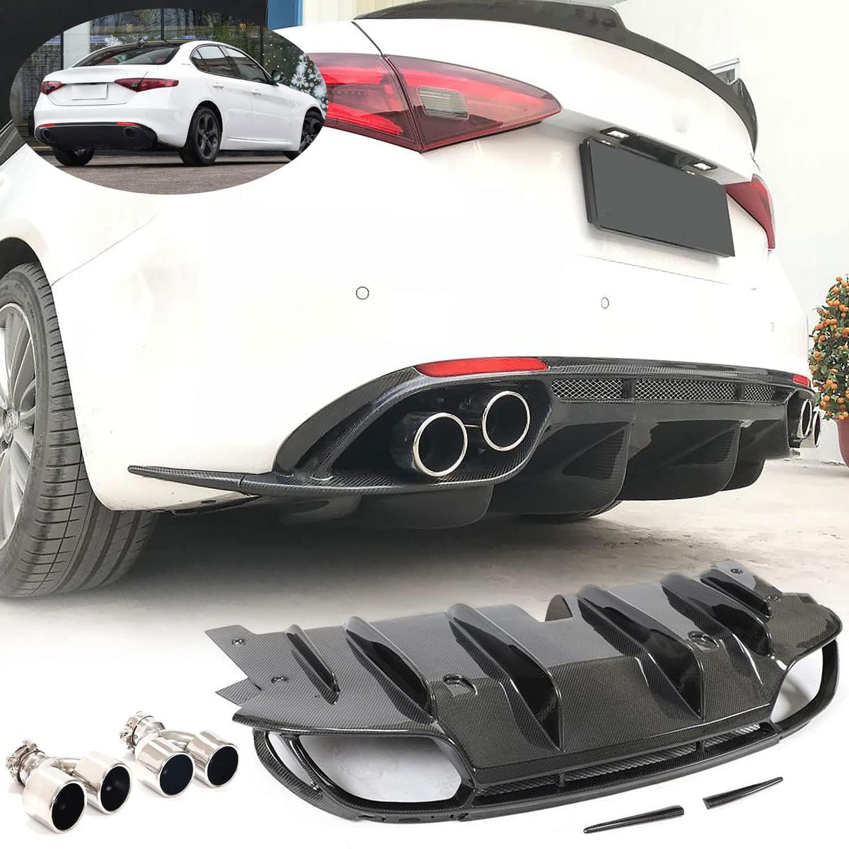 Carbon Fiber Rear Diffuser Compatible with Alfa Romeo Giulia Base Sedan 4-Door 2015-2021 Lower Bumper Lip Spoiler Body Kit wi