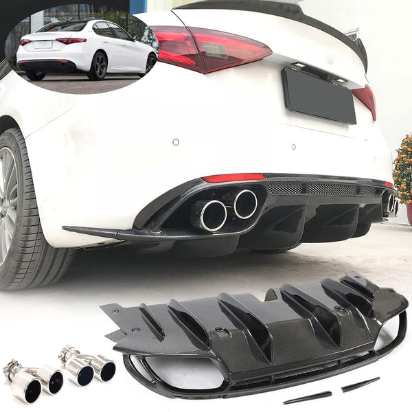 Carbon Fiber Rear Diffuser Compatible with Alfa Romeo Giulia Base Sedan 4-Door 2015-2021 Lower Bumper Lip Spoiler Body Kit wi