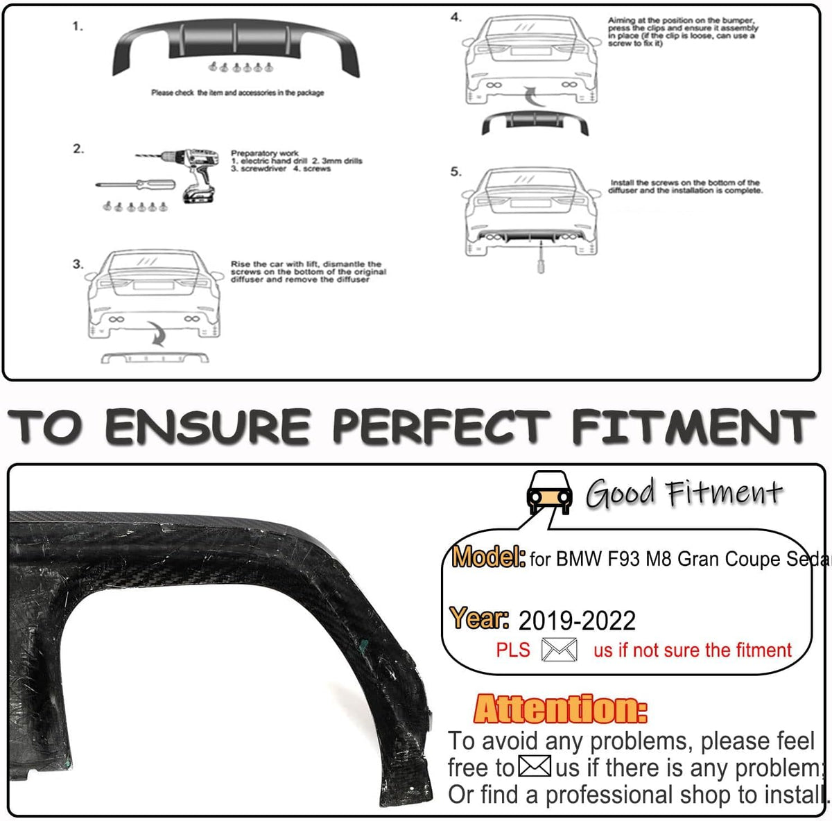 F93 Dry Carbon Fiber Rear Bumper Diffuser Compatible with BMW F93 M8 Gran Coupe Sedan 4-Door 2019-2022 Auto Lower Bumper Lip 