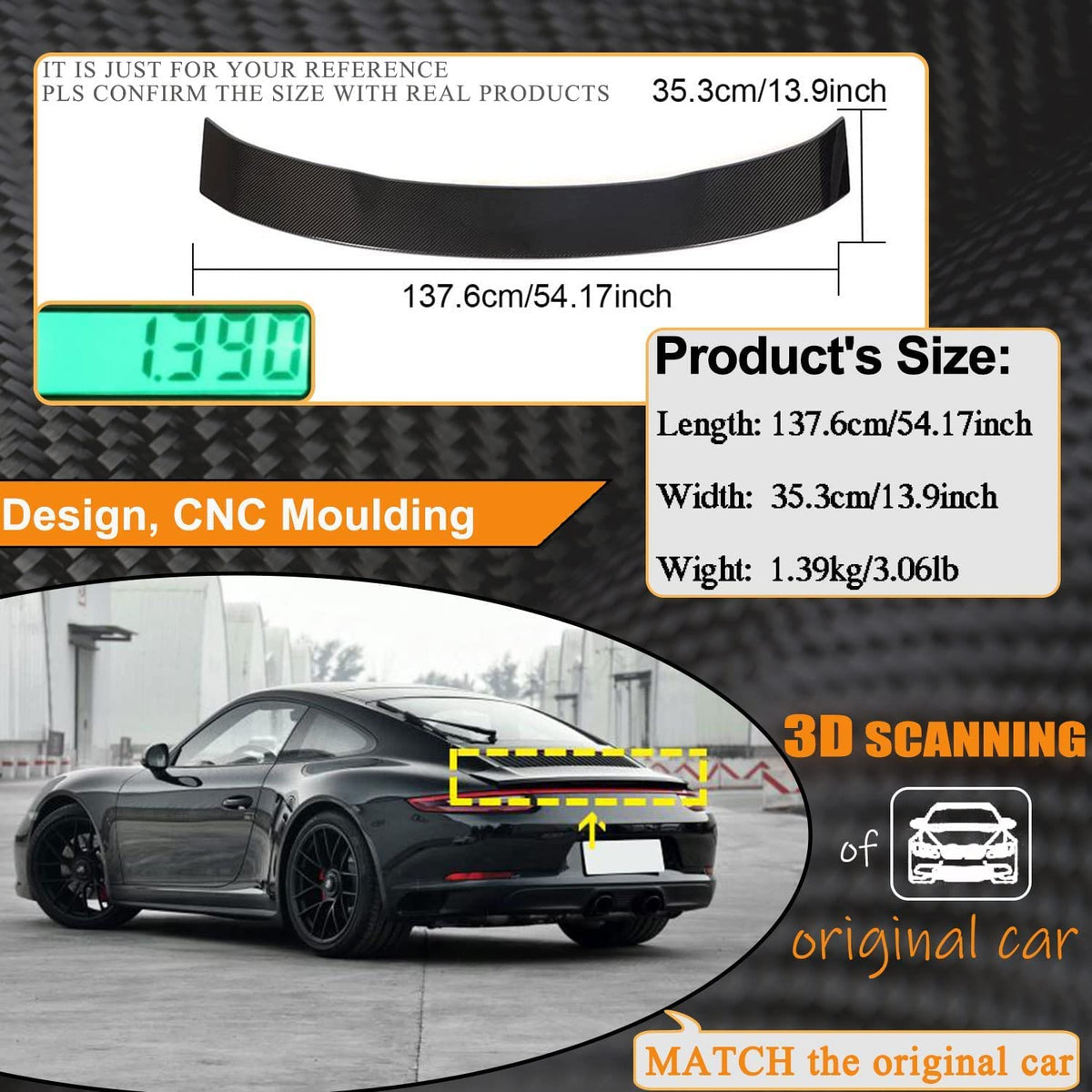 911 Carbon Fiber Rear Trunk Spoiler for Porsche 911 991.1 991.2 2012-2018 | High Kick Rear Wing Lip Easy Install No Drilling 