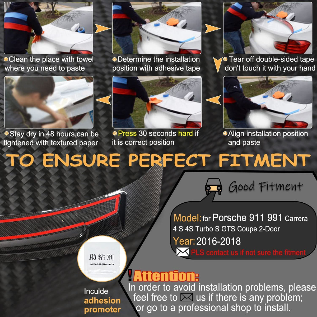 911 Carbon Fiber Rear Trunk Spoiler for Porsche 911 991.1 991.2 2012-2018 | High Kick Rear Wing Lip Easy Install No Drilling 